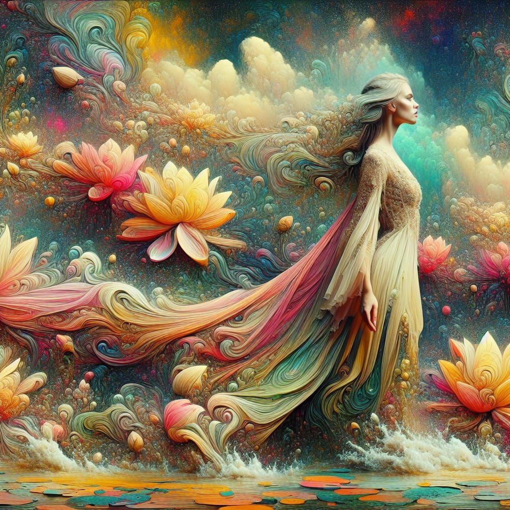 Ethereal Woman in Lotus Landscape: Surreal Art