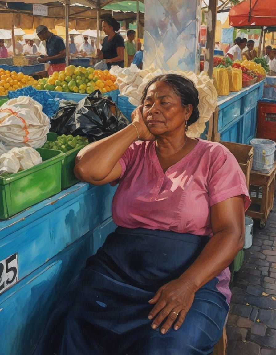Vibrant Caribbean Market Scene in Gouache Style