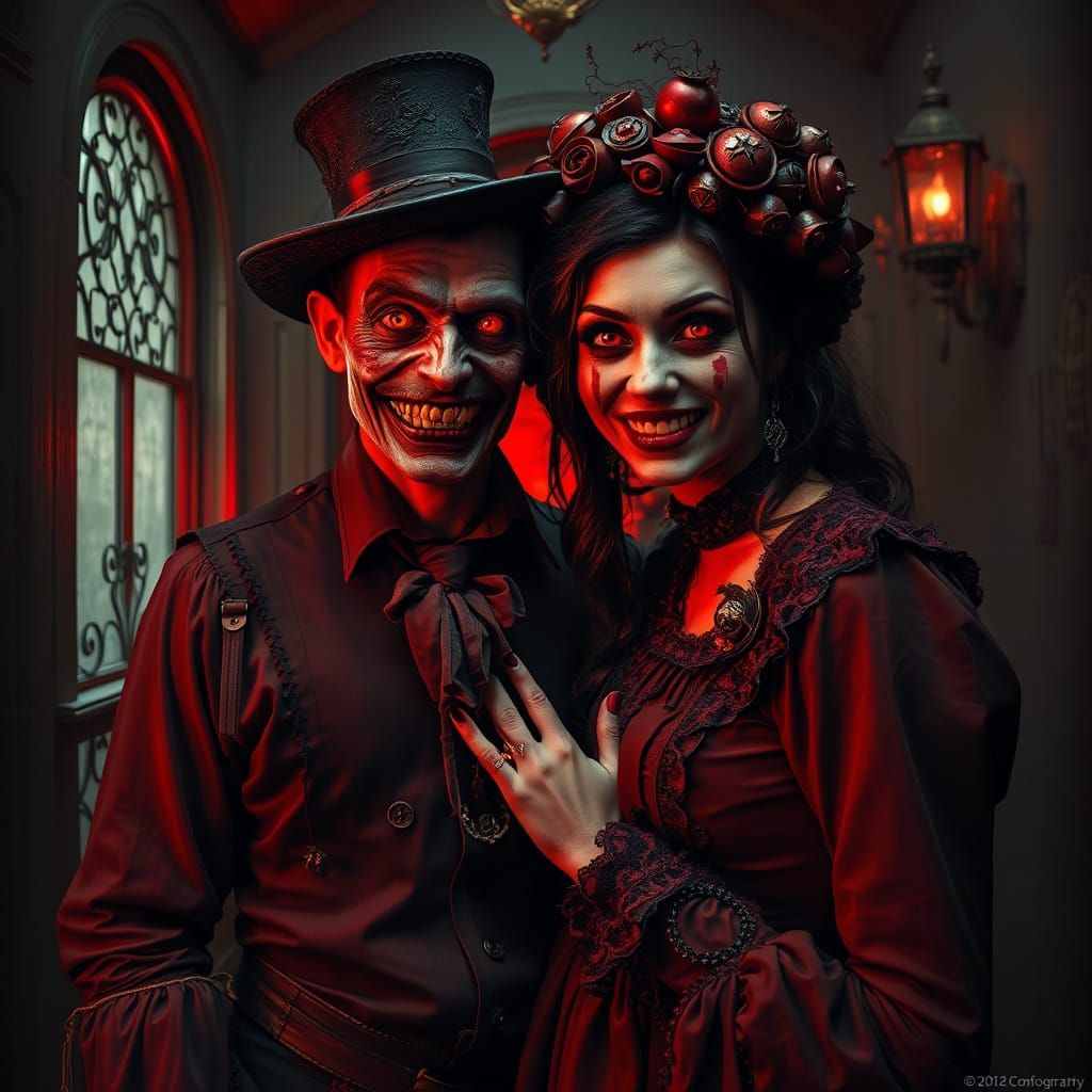 Gothic Couple with Glowing Eyes in Eerie Portrait