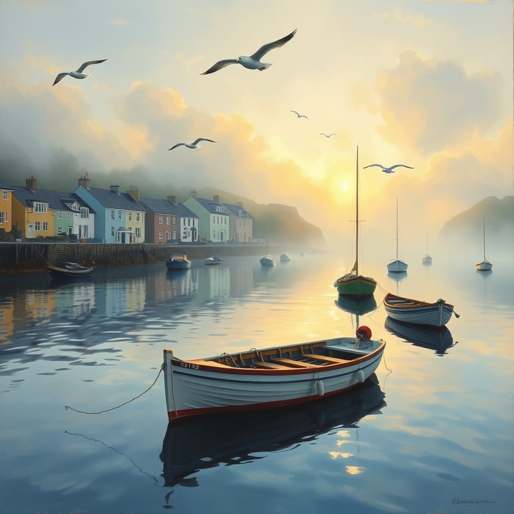 Cornish Harbour at Dawn: Boats and Cottages in Luminous Oil ...