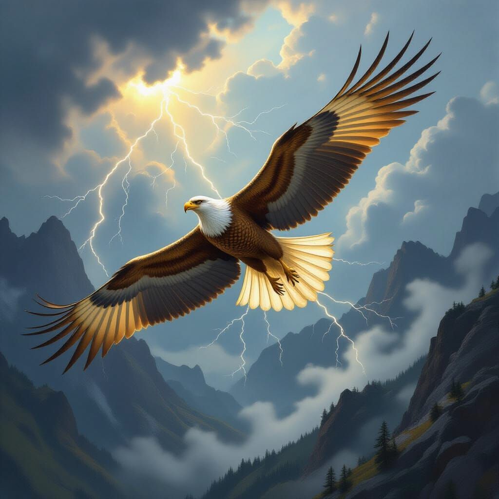 Golden Griffin Soaring Through Stormy Skies as Oil Painting