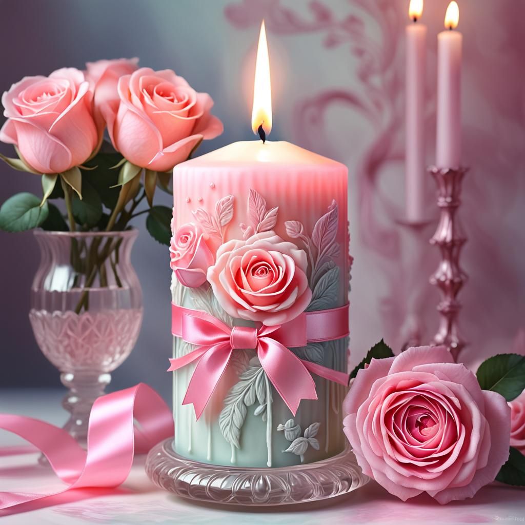 Romantic Pink Candle with Roses, Watercolor Style