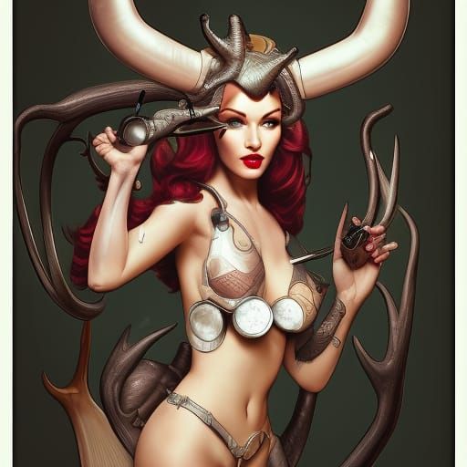 Mythical Cyborg Pin-Up in Art Nouveau Style