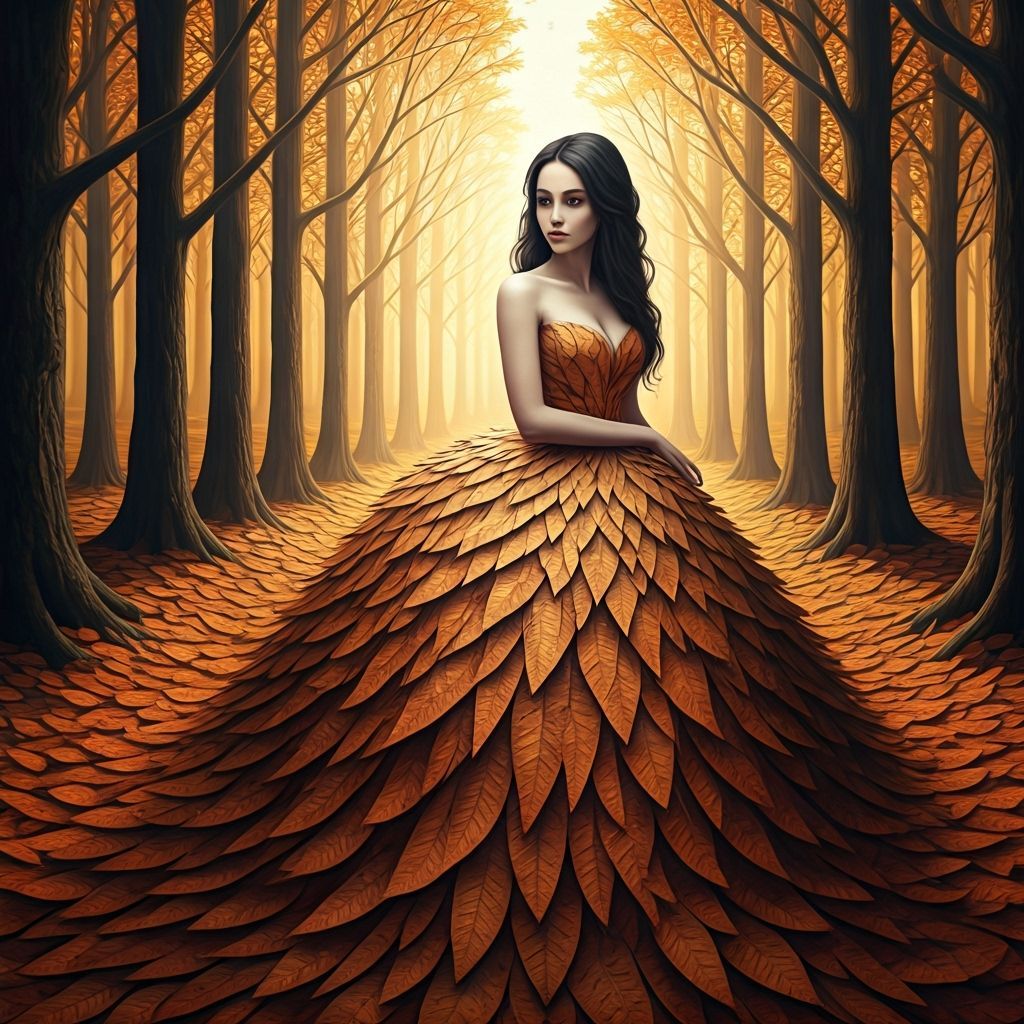 Melancholic Woman in Autumn Parchment Forest