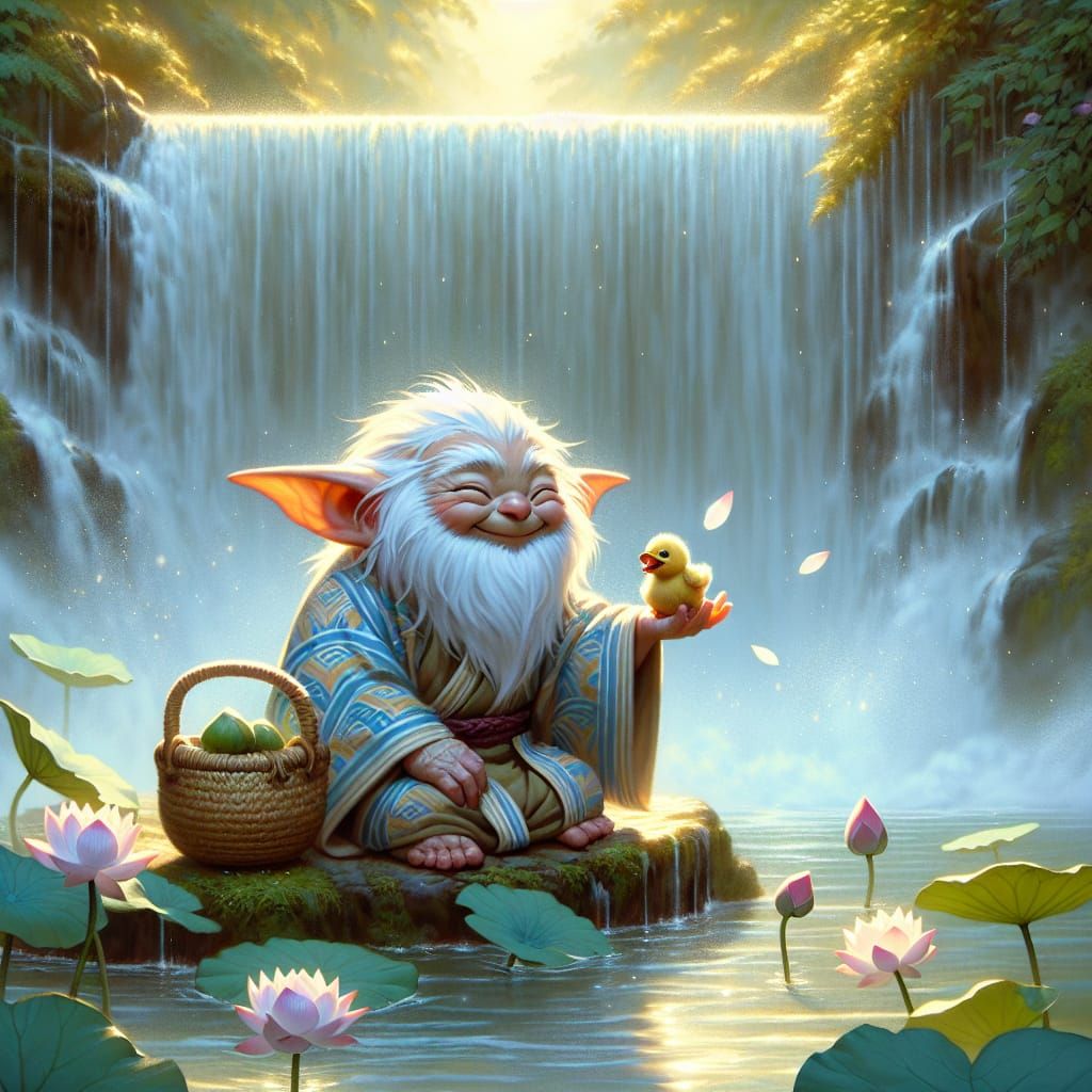 Gremlin and Duckling by Waterfall in Ukiyo-e Style