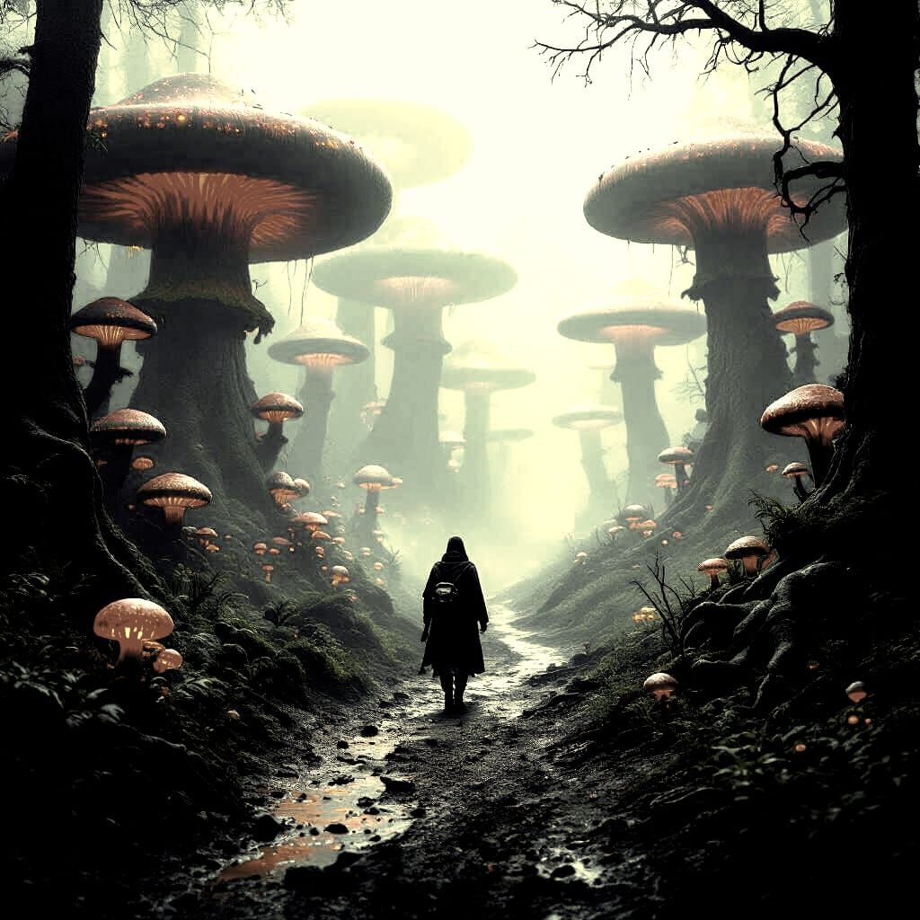 Medieval Traveler in Giant Bioluminescent Mushroom Forest