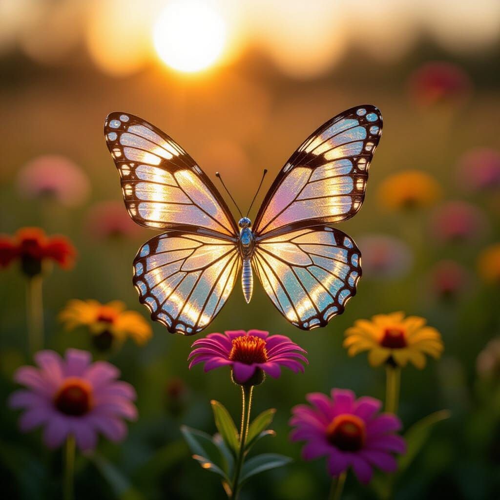 Glass Butterfly Shimmers in Golden Hour Sunlight
