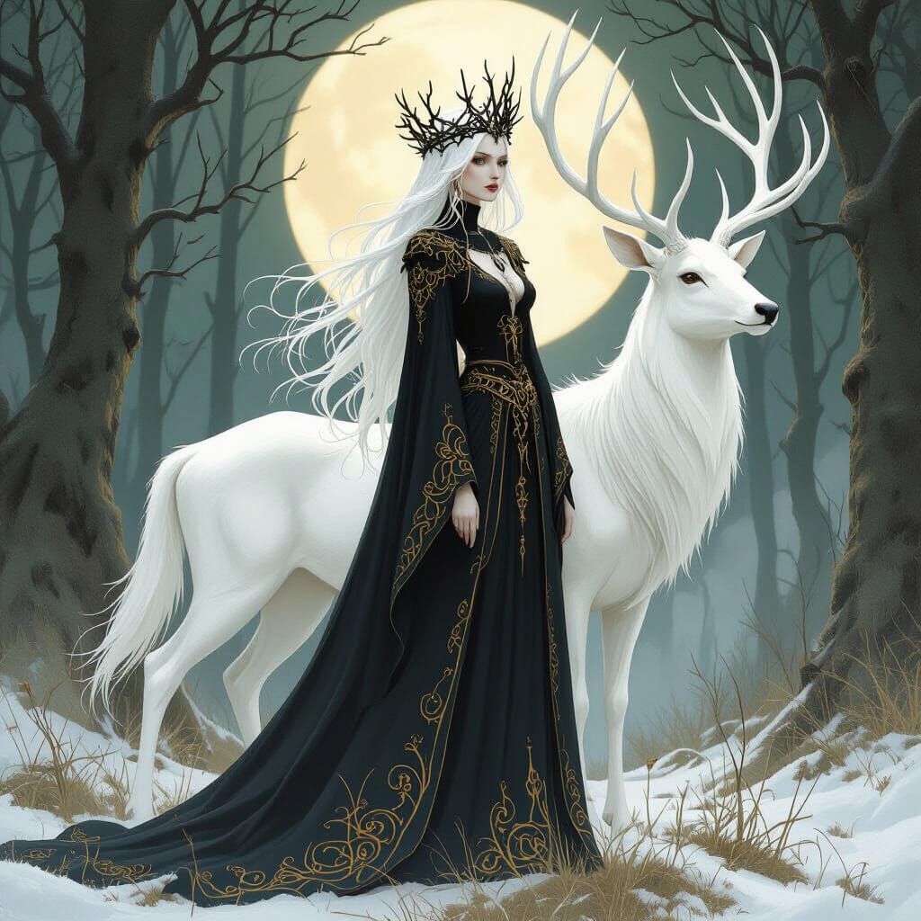 Ethereal Woman with White Stag in Moonlit Forest
