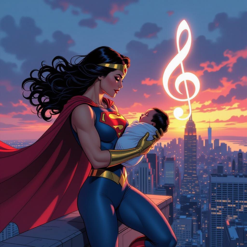 Hawkgirl Carries Baby Superman Over NYC Skyline