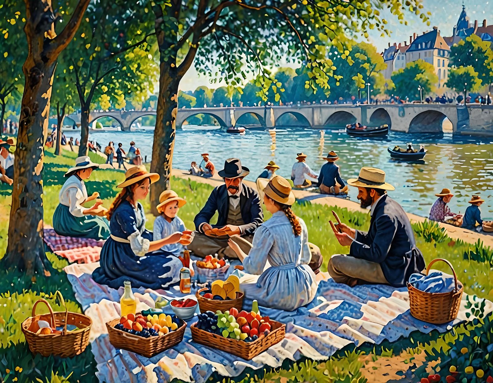 Seine River Picnic: Pointillist Impressionist Oil Painting