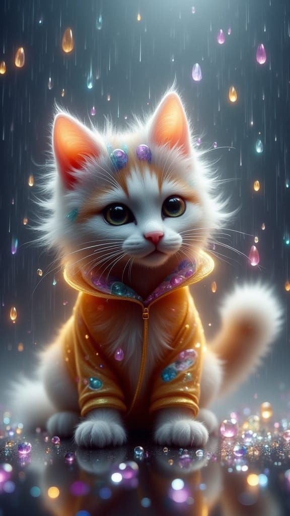 Whimsical Digital Rain Scene with Cute Cat in Futuristic Lan...