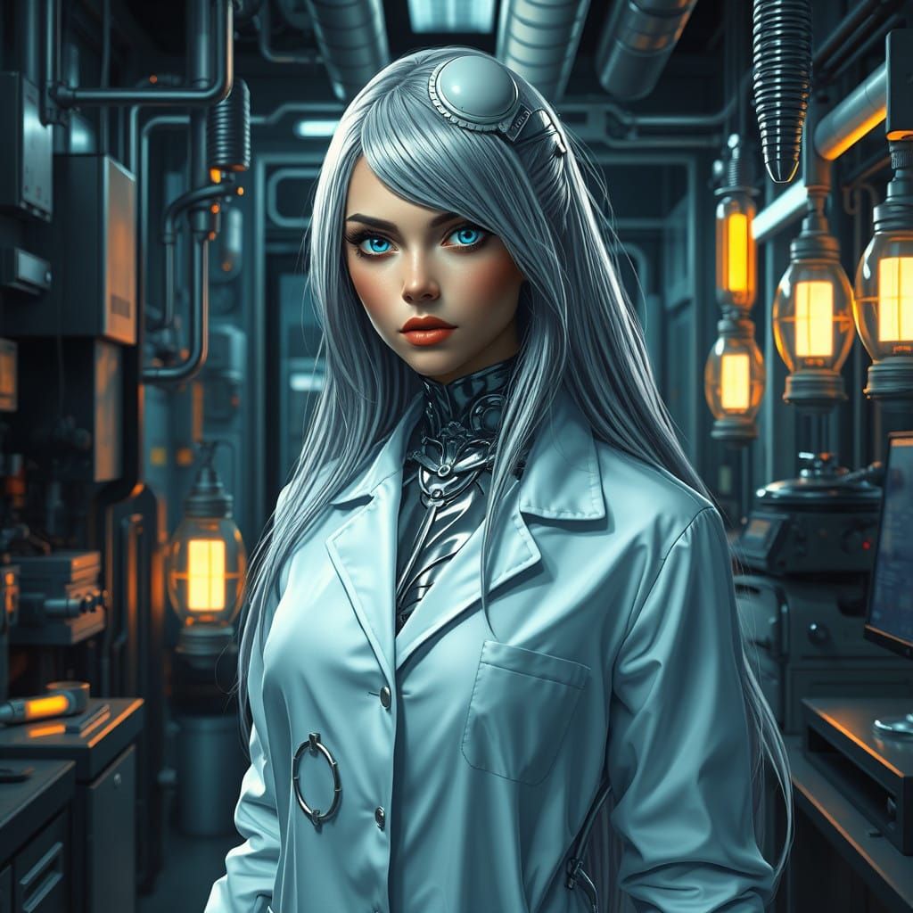 Shining Chrome Goddess in Futuristic Lab