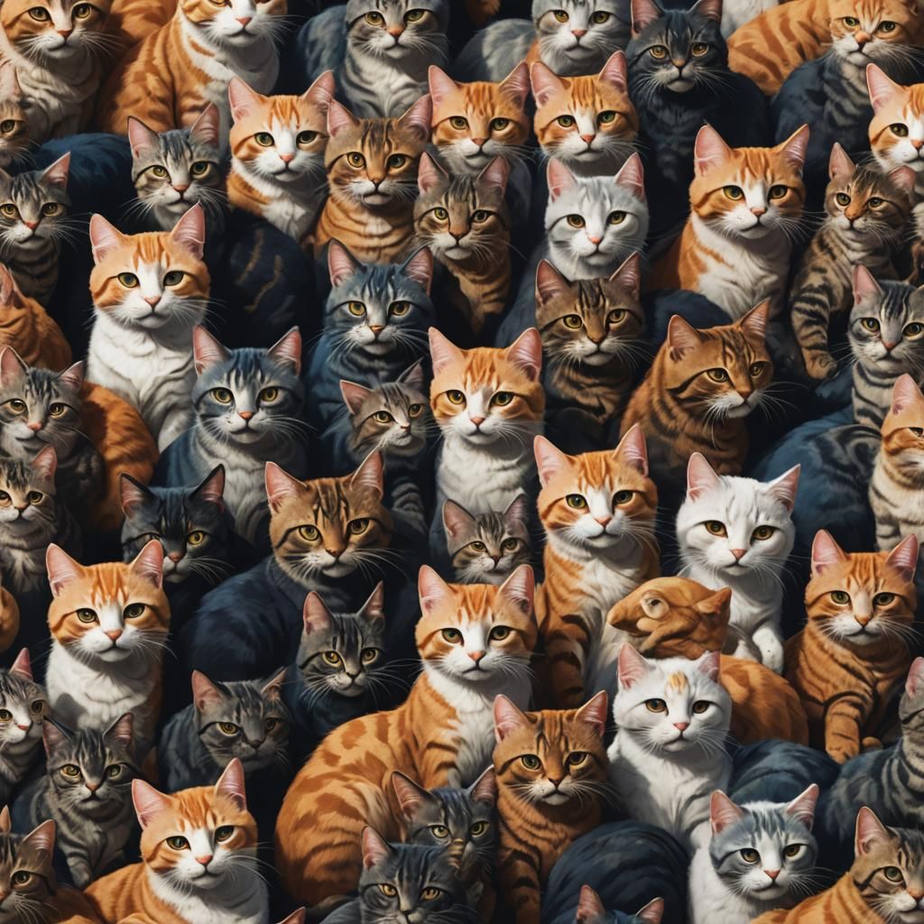 Ten Cats Snuggling: Detailed Fantasy Concept Art