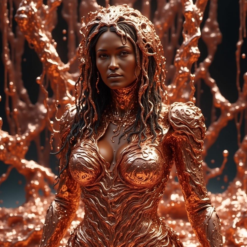 <lora:Metal Fusion:1.0>  Liquid melting rose gold forms armor around a warrior woman