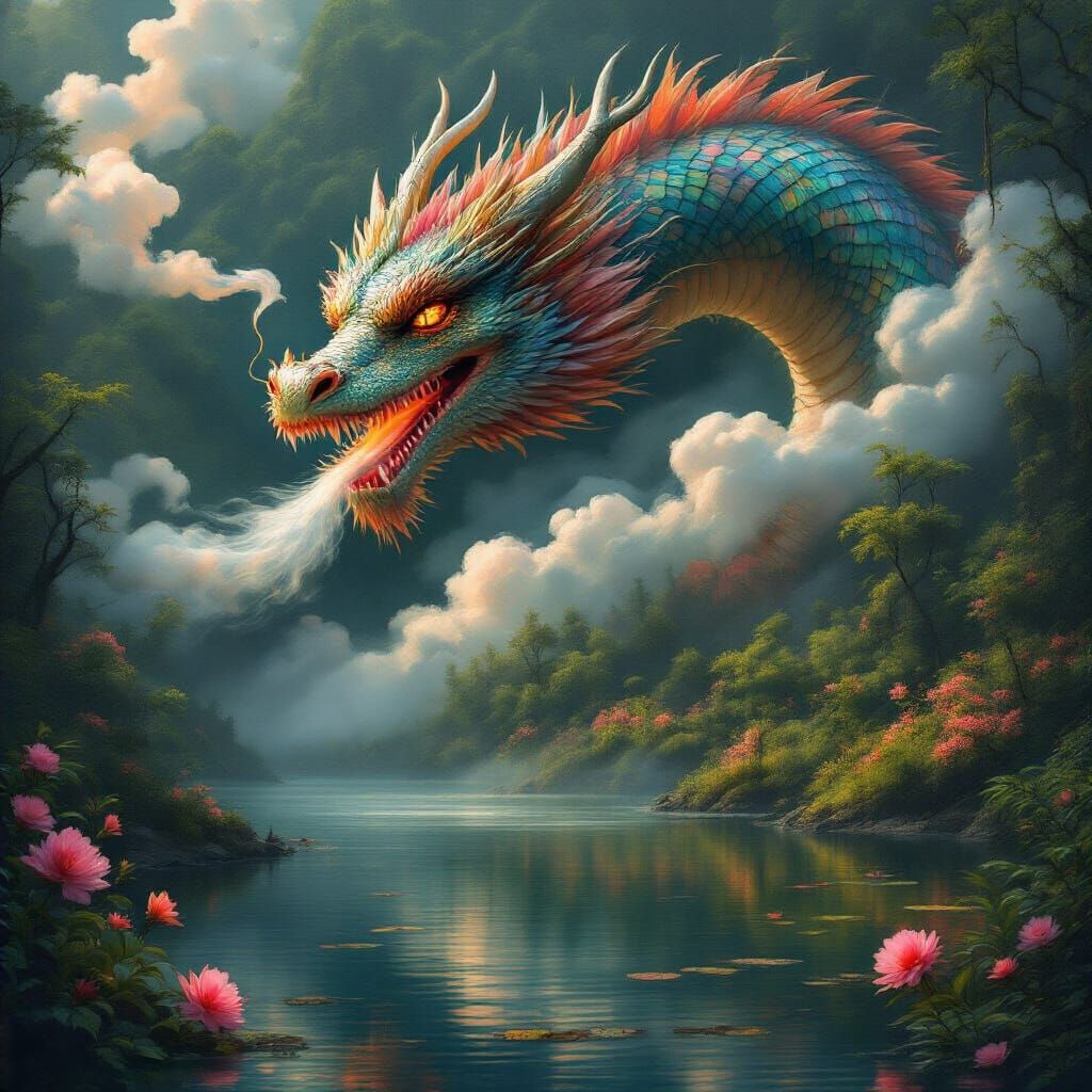 Majestic Water Dragon Emerges at Dawn