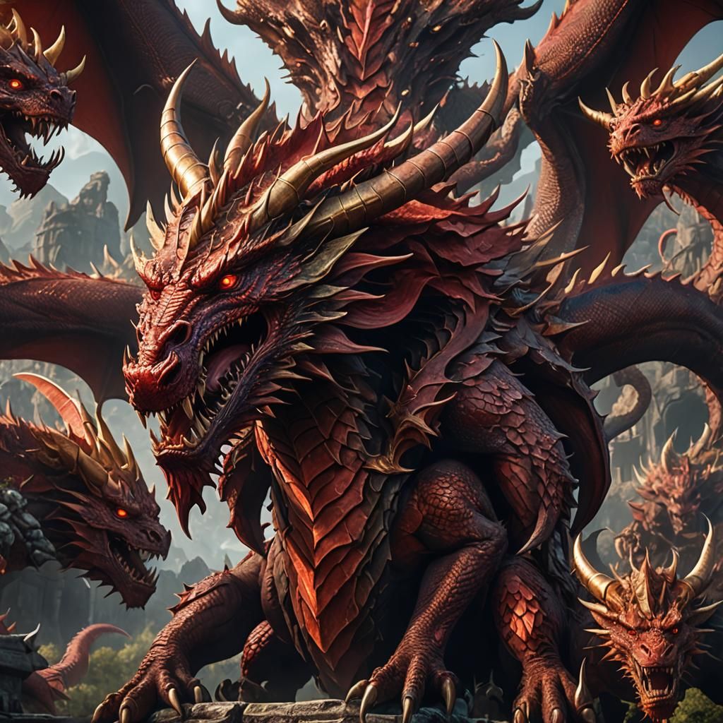 Seven-Headed Red Dragon Fantasy Concept Art