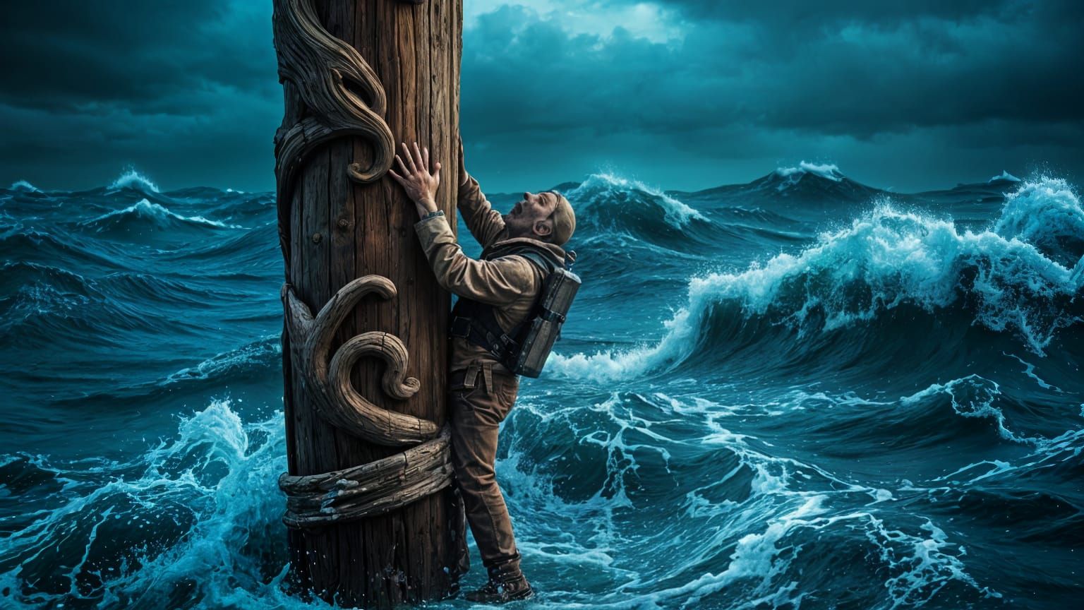 Diver in Stormy Ocean with Wooden Totem