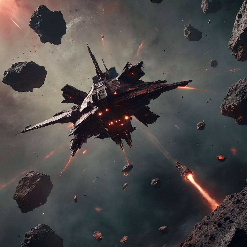 Starship Cruiser Exploding on Asteroid in Deep Space