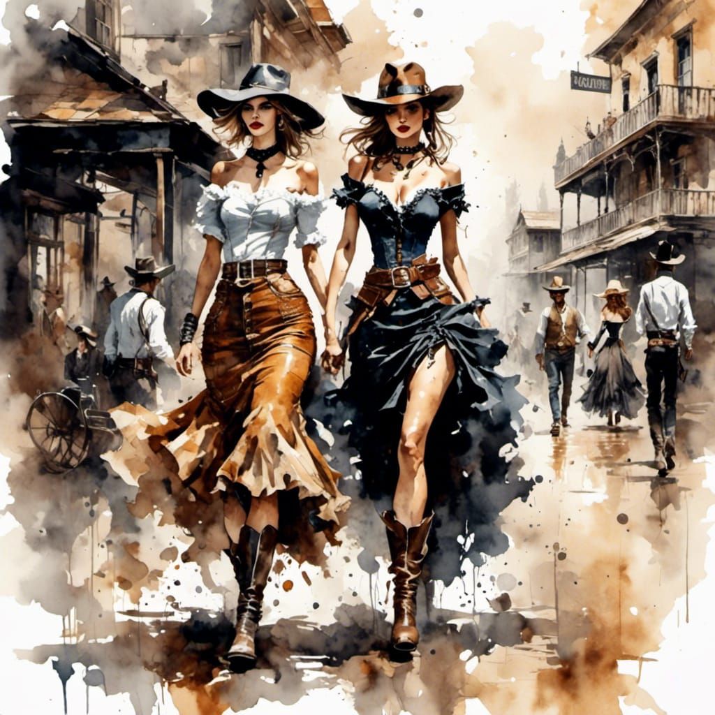 Wild West Casino Girls in Watercolor Grunge Style