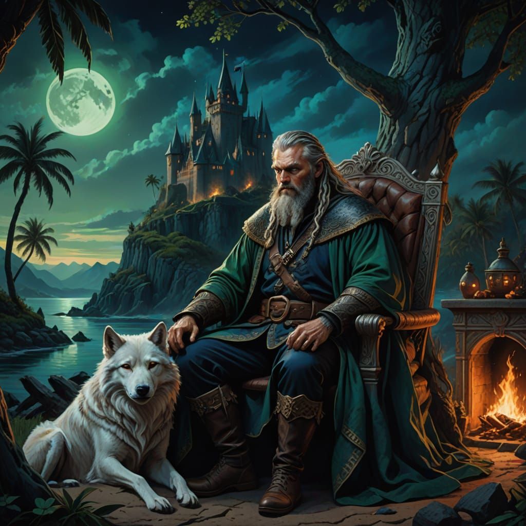 Elderly Viking Rests in Hammock Near Dark Castle