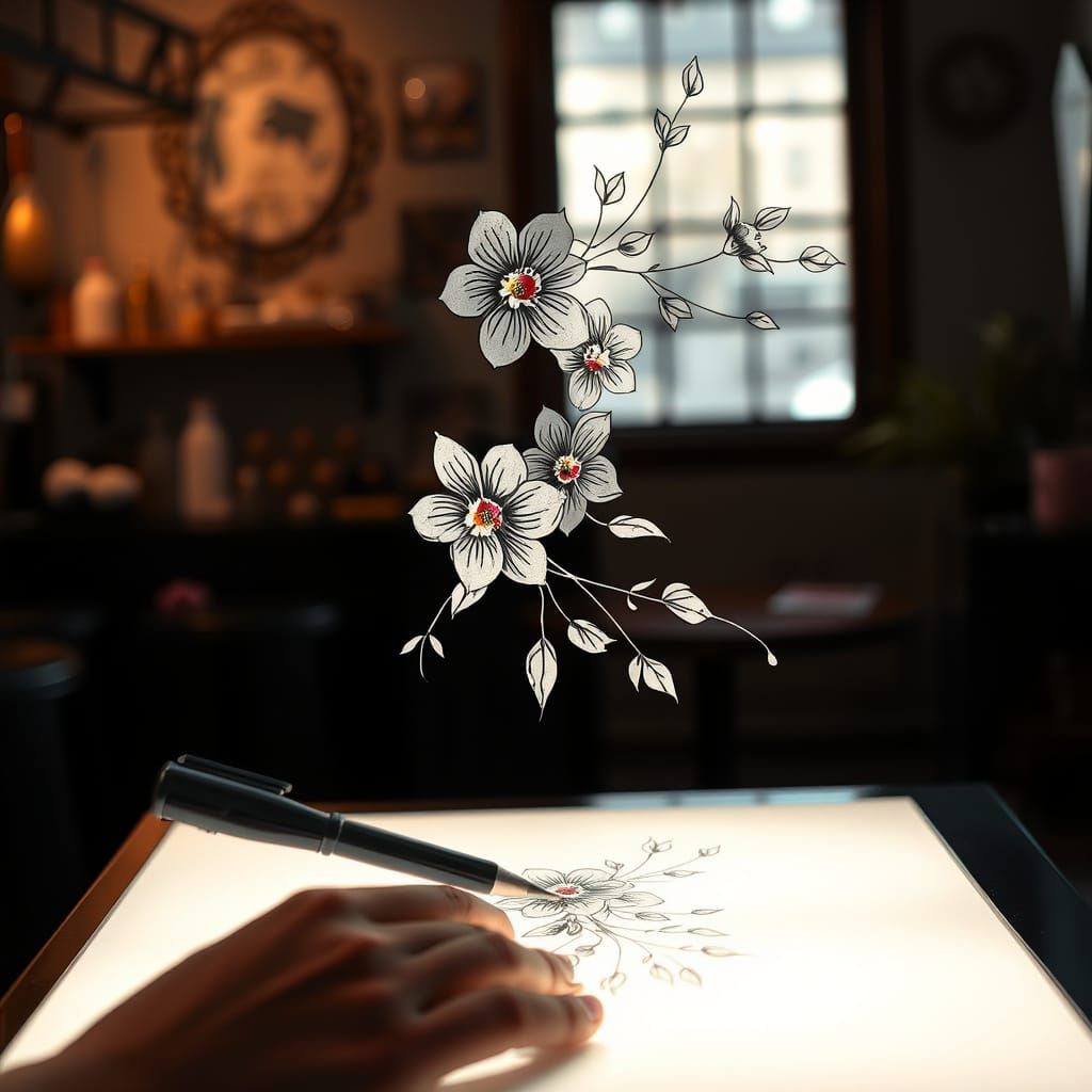 Floral Fine Line Tattoo Art with Gemstones