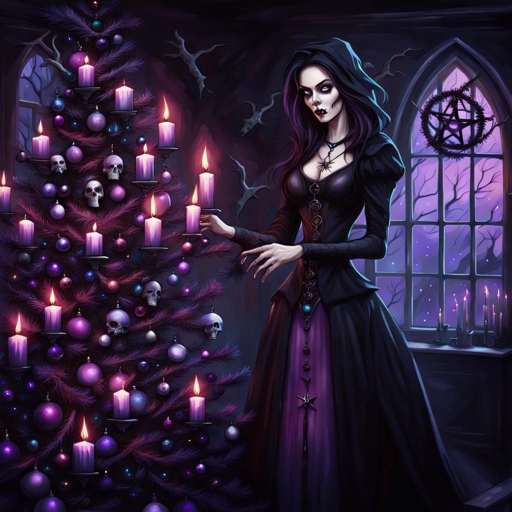 Gothic Witch Decorates Christmas Tree in Digital Painting