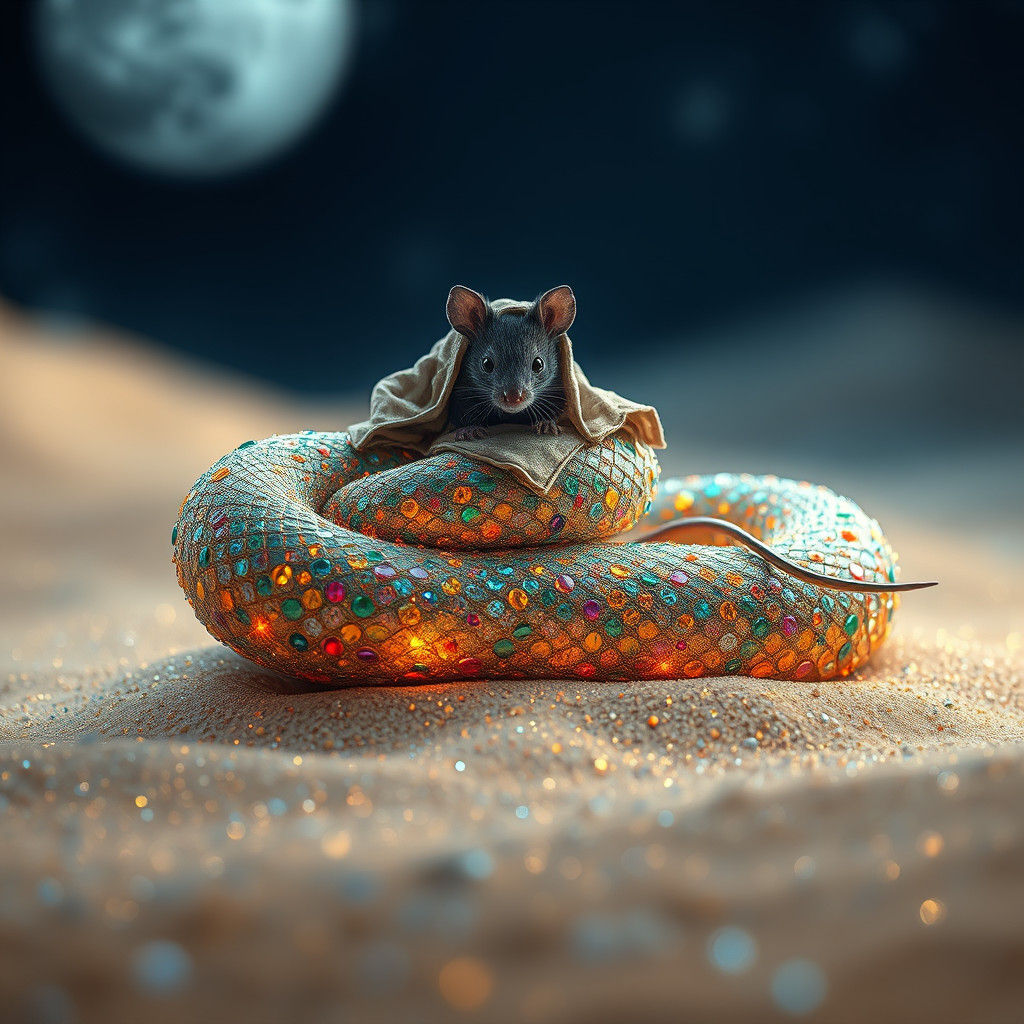 Glitter Snake with Mouse in Dreamlike Landscape