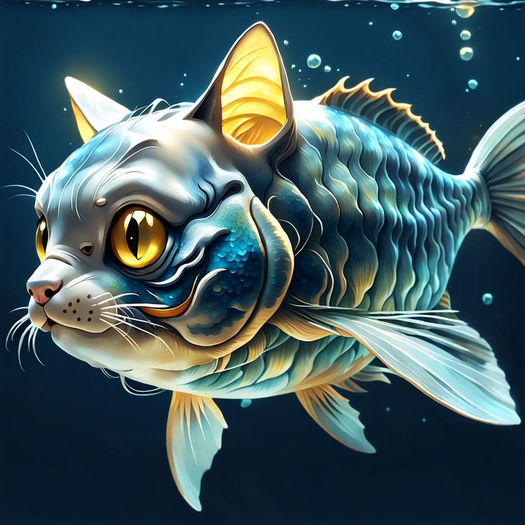 Hyperdetailed Cat-Fish Hybrid in Fishbowl