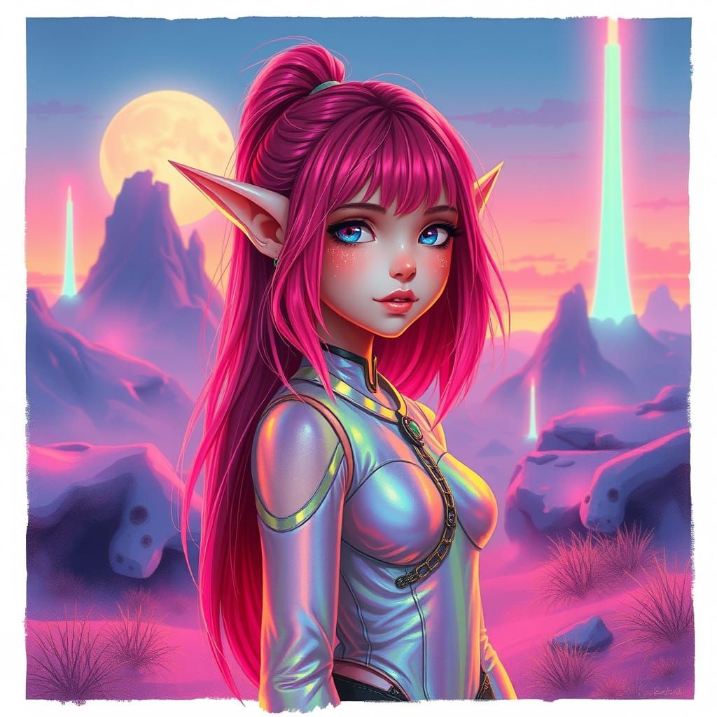 Neon Elf in Futuristic Watercolor Landscape
