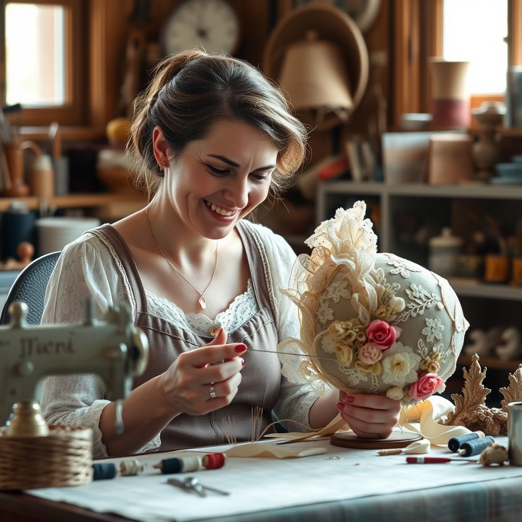 Hat Seamstress Repairs Bonnet in Cozy Atelier