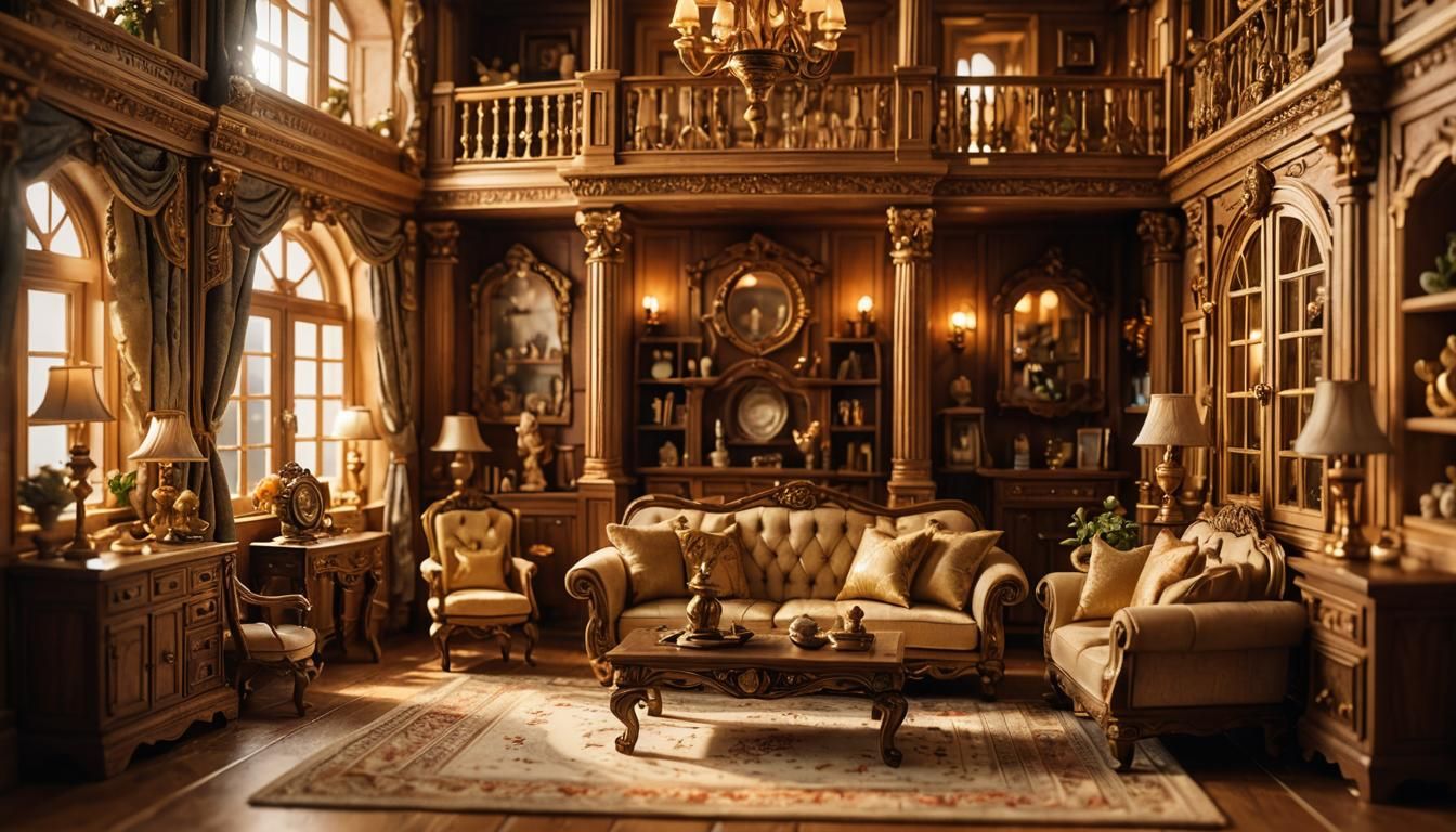 Luxurious 3D Dollhouse Interior with Golden Lighting