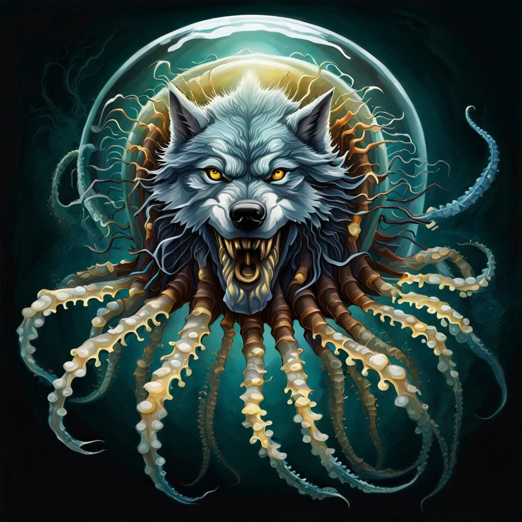 Wolf Jellyfish Centipede Hybrid in Psychedelic Retropunk Art
