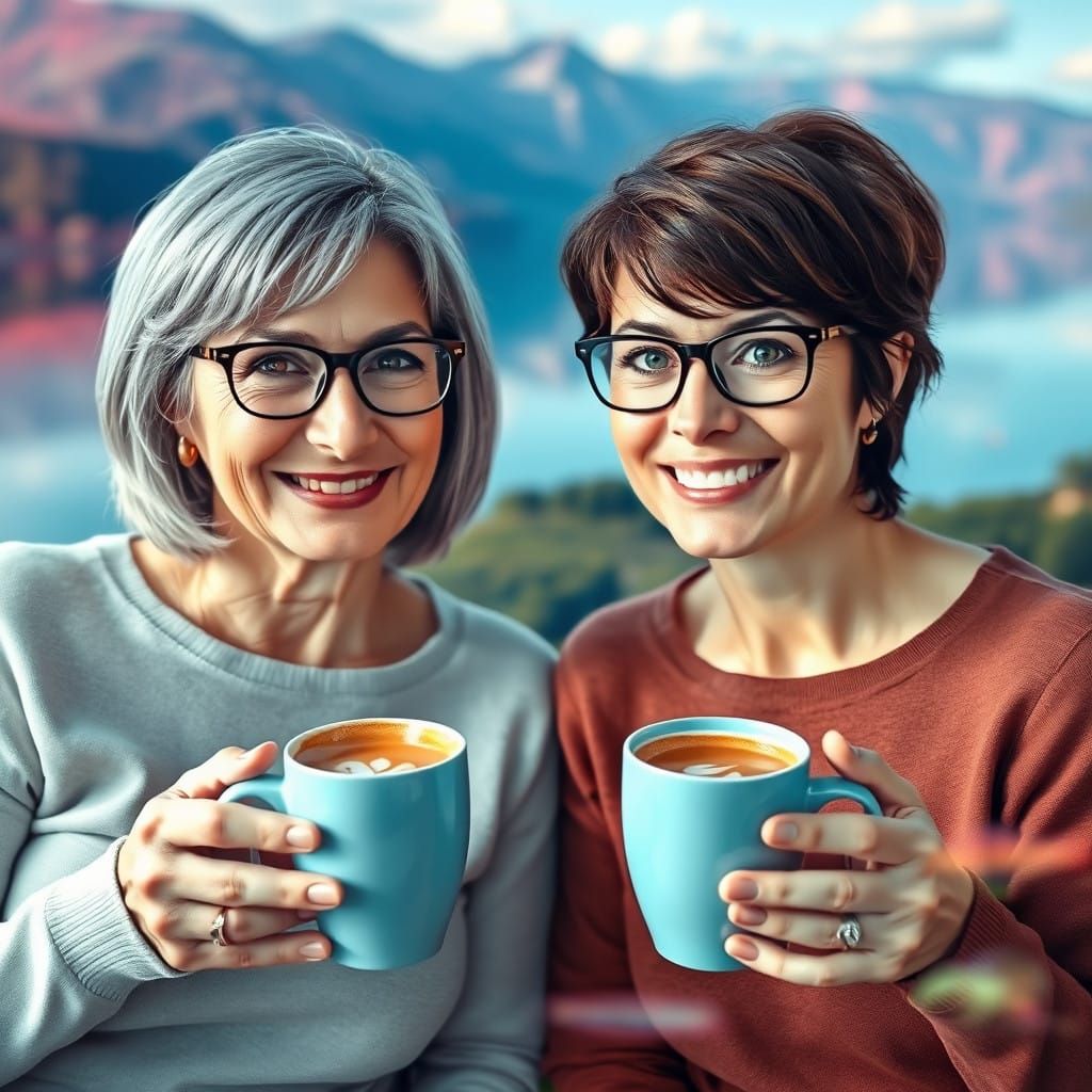Two Women Sipping Cappuccinos in a Lake Landscape