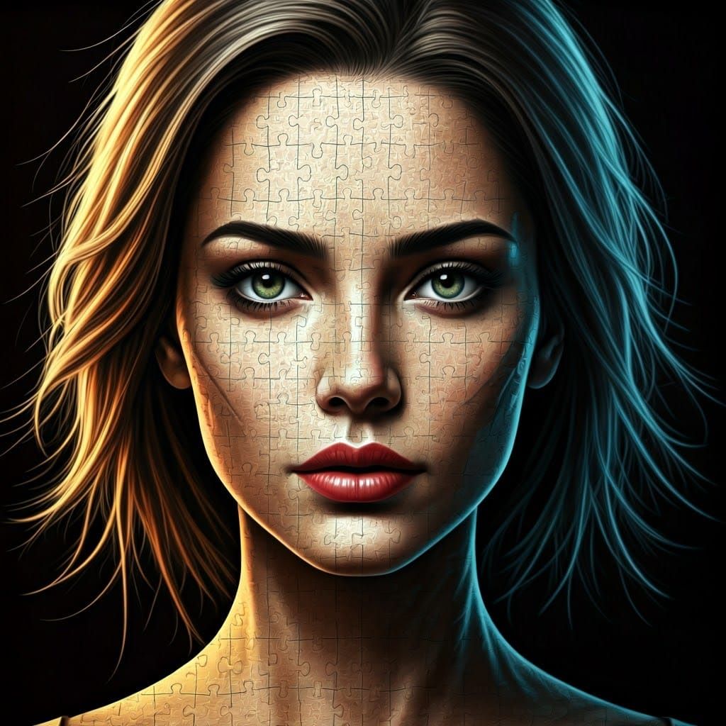 Biomechanical Portrait in Vibrant Puzzle Pieces