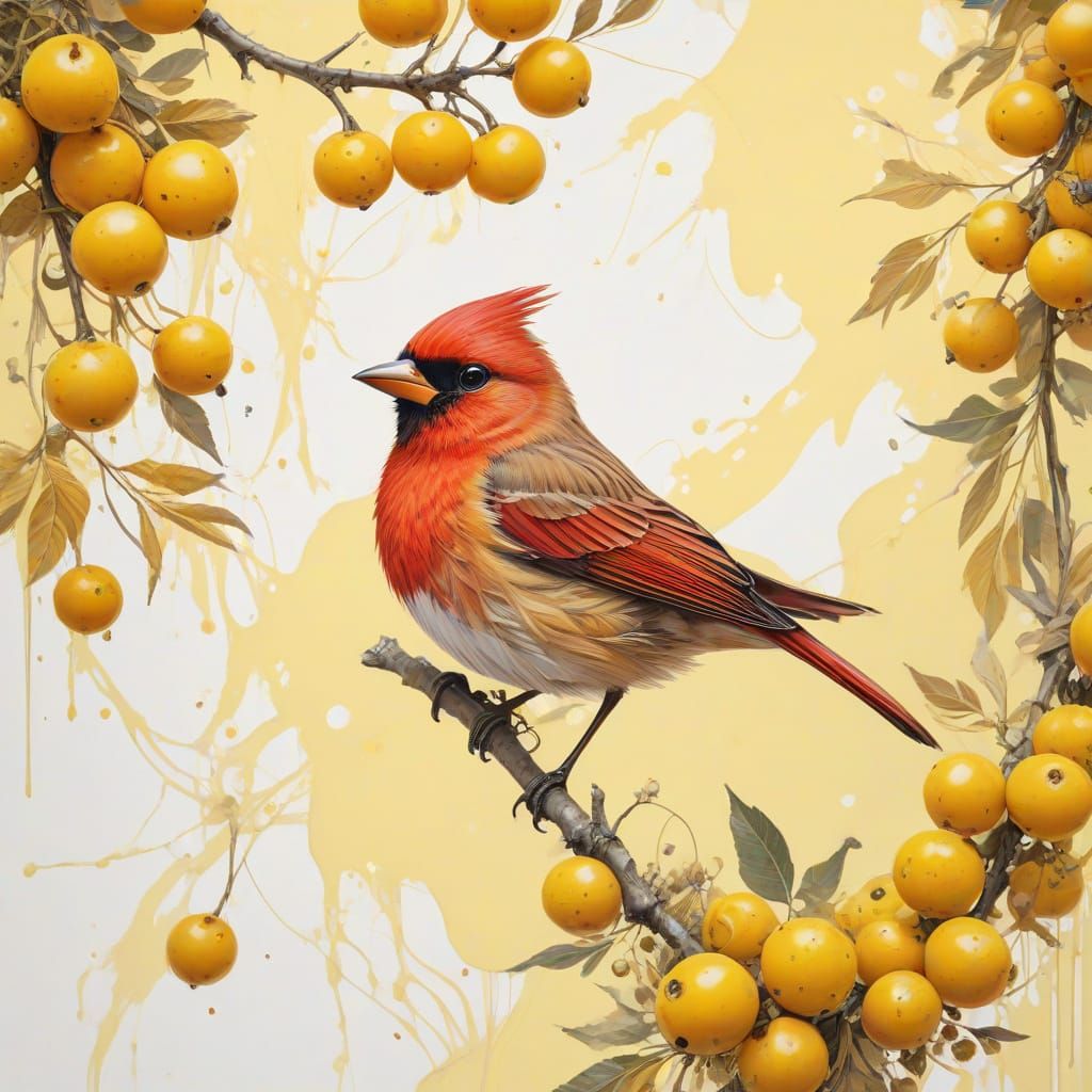 Whimsical Bird in Vibrant Berry Branch Scene, Blending Tradi...