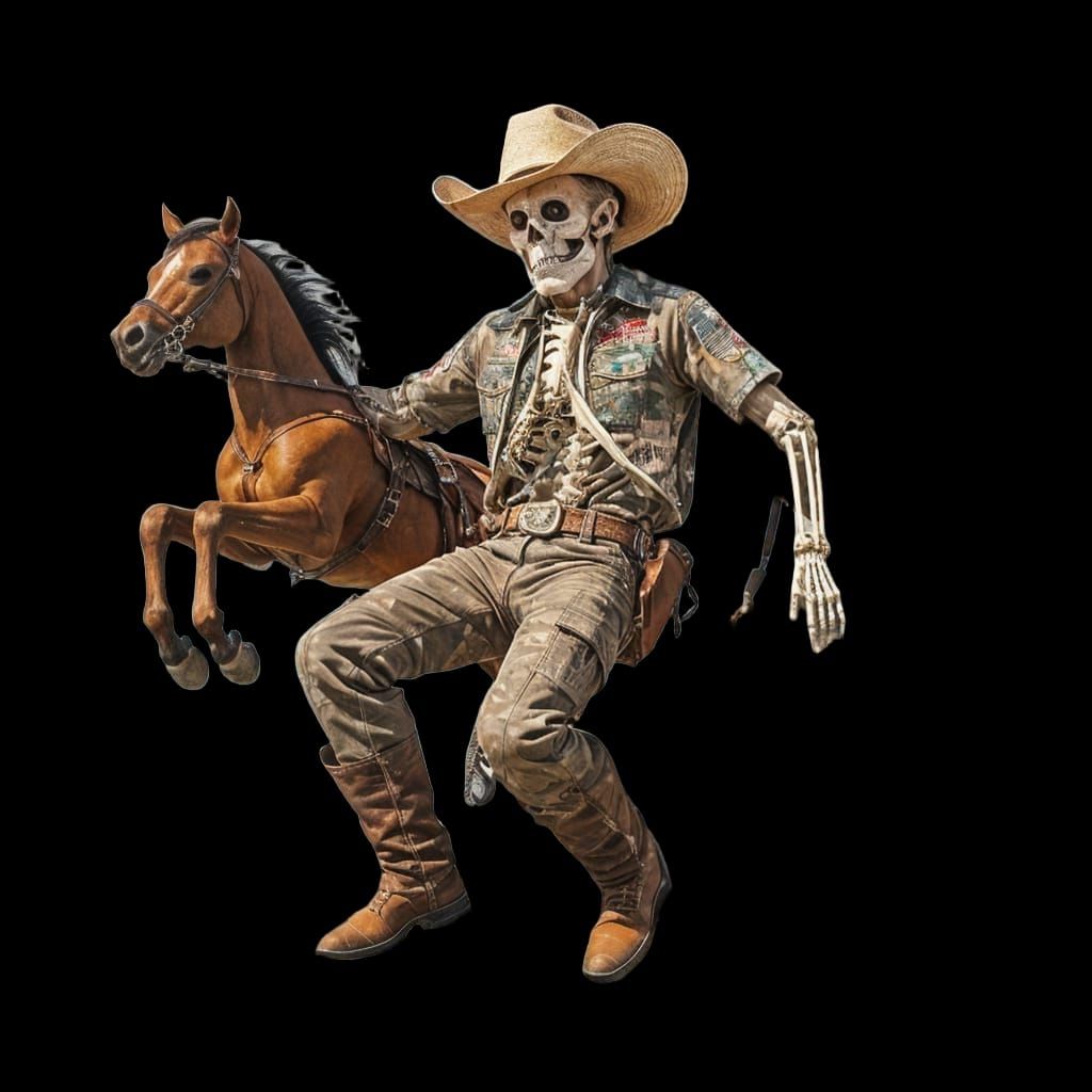 Cowboy Skeleton Jumps from Airplane with Toy Horse
