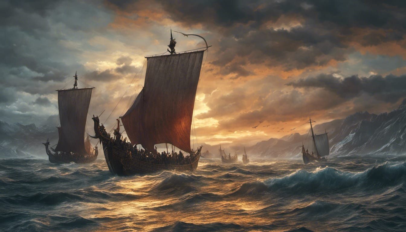 Viking Longships Sailing a Stormy Sea