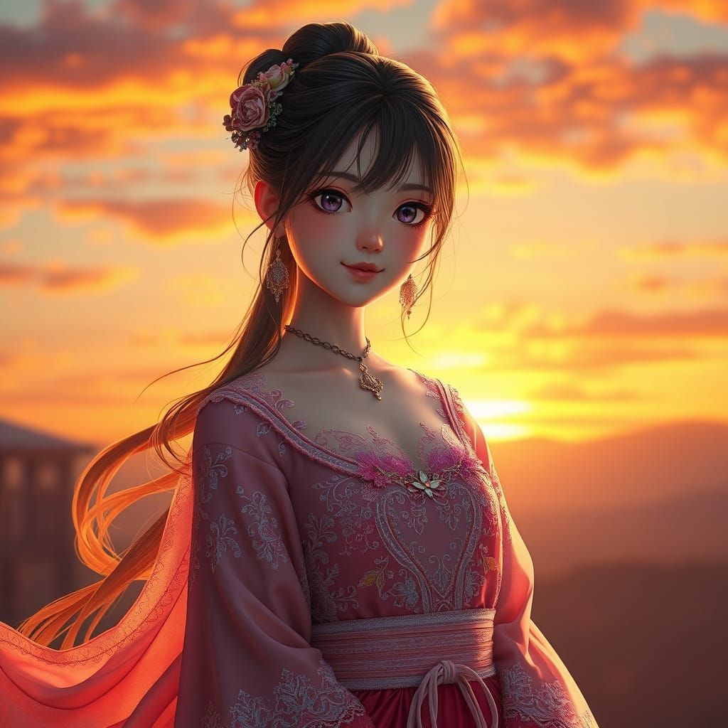 Whimsical Anime Girl in a Sunset Paradise