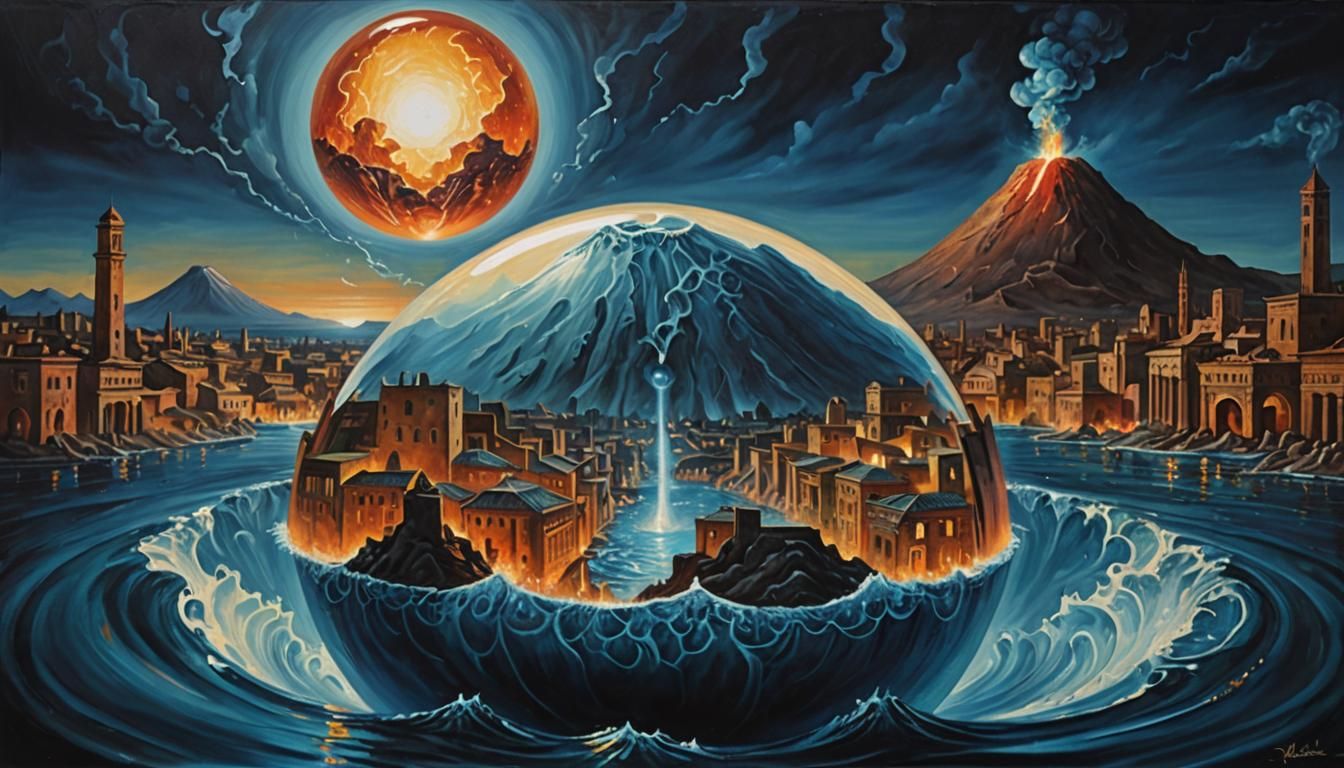 A clear crystal sphere floating on water with an errupting v...