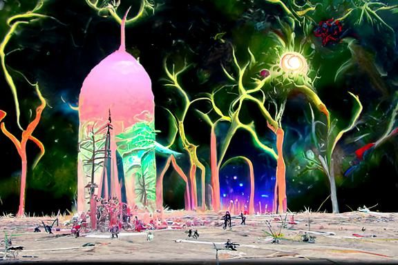 Red Tree Tower and Robot in Psychedelic Sci-Fi