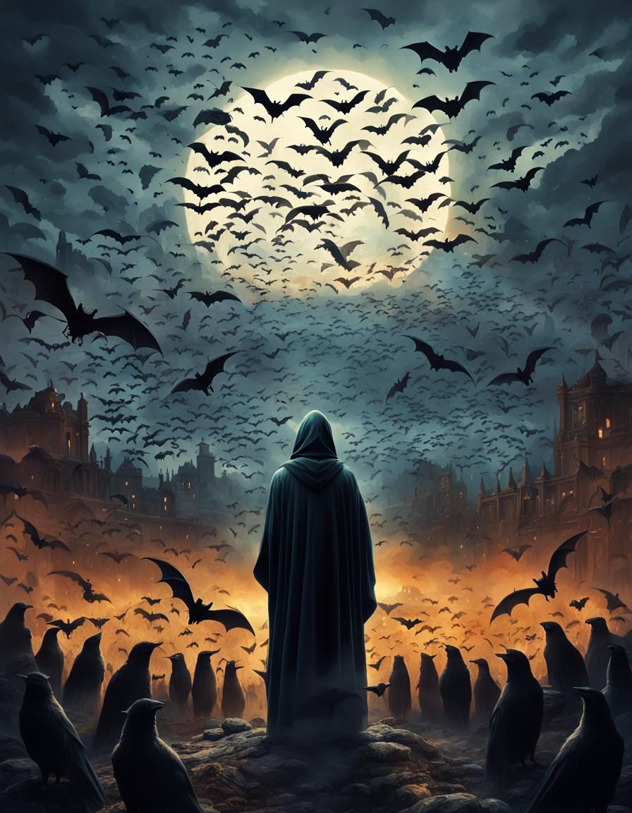 Mysterious Figure Surrounded by Bats: Digital Matte Painting