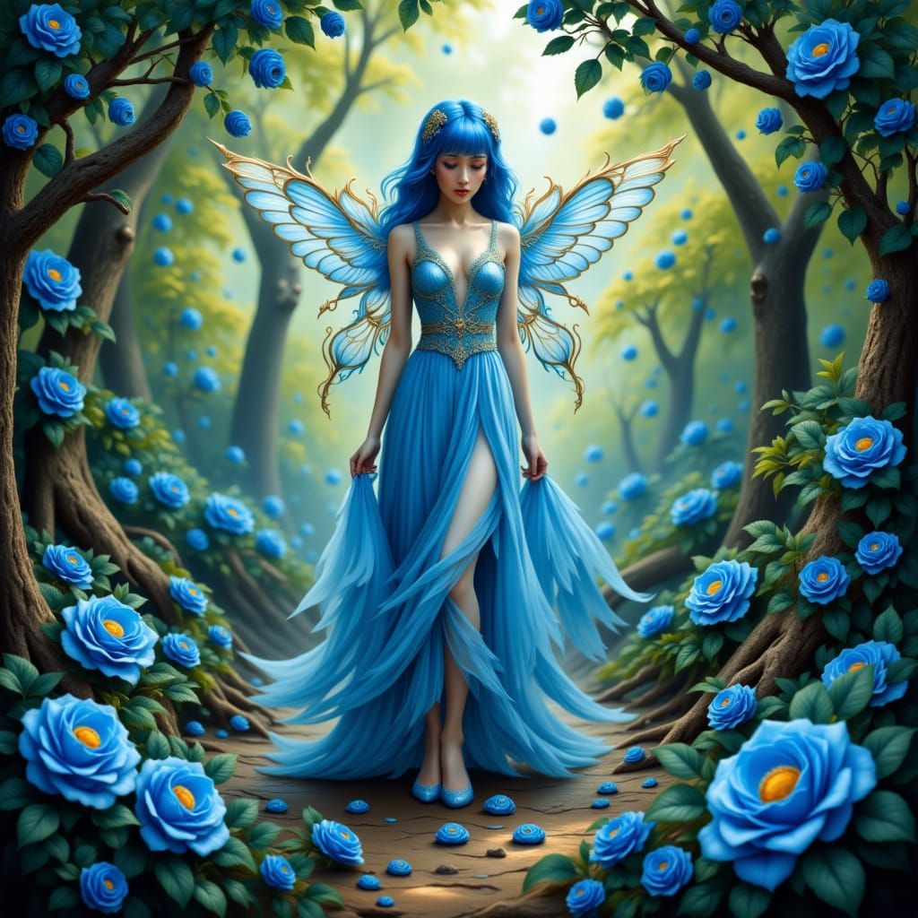 <lora:Fantastique:1.0> Une fée vêtue d'une robe bleue fluide, aux cheveux bleus délicats et chaussée de pantoufles confo...