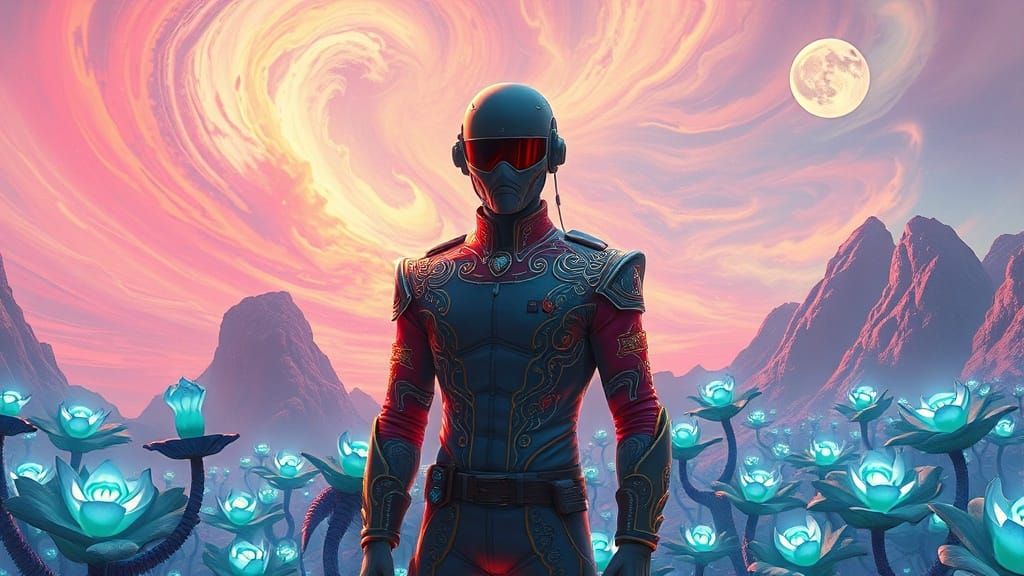Officer on Alien Planet Amidst Bioluminescent Flowers