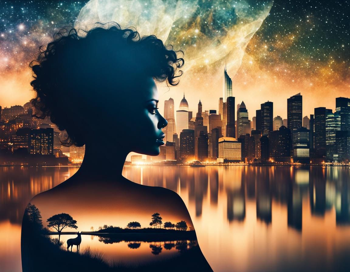 Double Exposure: Cityscape Over Woman Silhouette