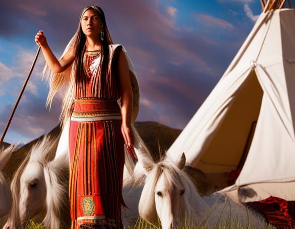Native American Women, Horses, and Tipi in Sunlight