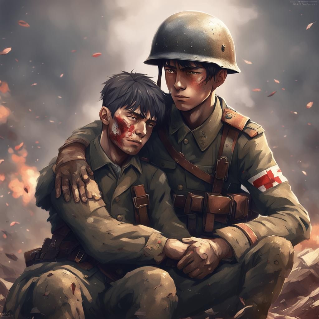 WWI Soldier Helping Friend, 3D Anime Art