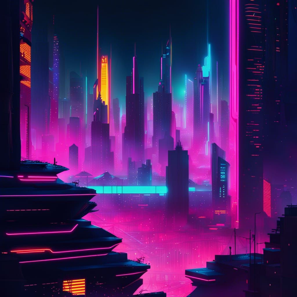 Futuristic Cityscape in Cyberpunk Neon Style