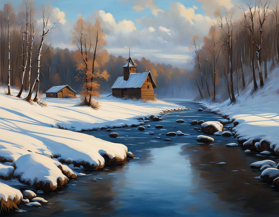 Winter Landscape with Mill in Levitan Style