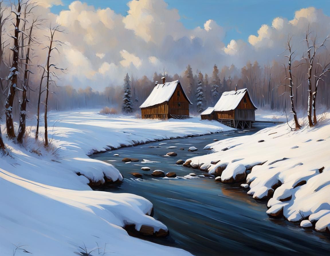 Winter Landscape with Mill in Levitan Style