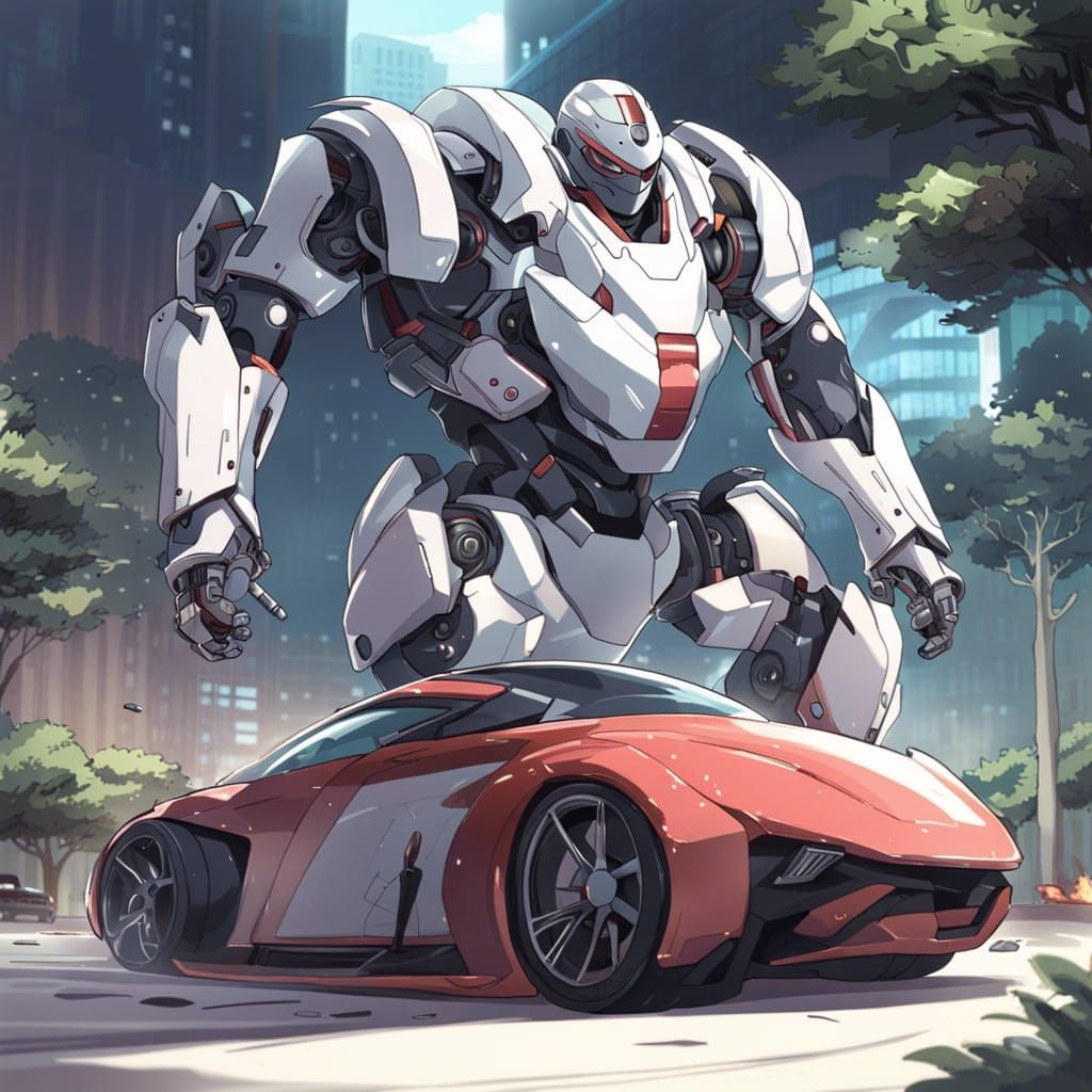 Armored Robot with Sports Car in Anime Style
